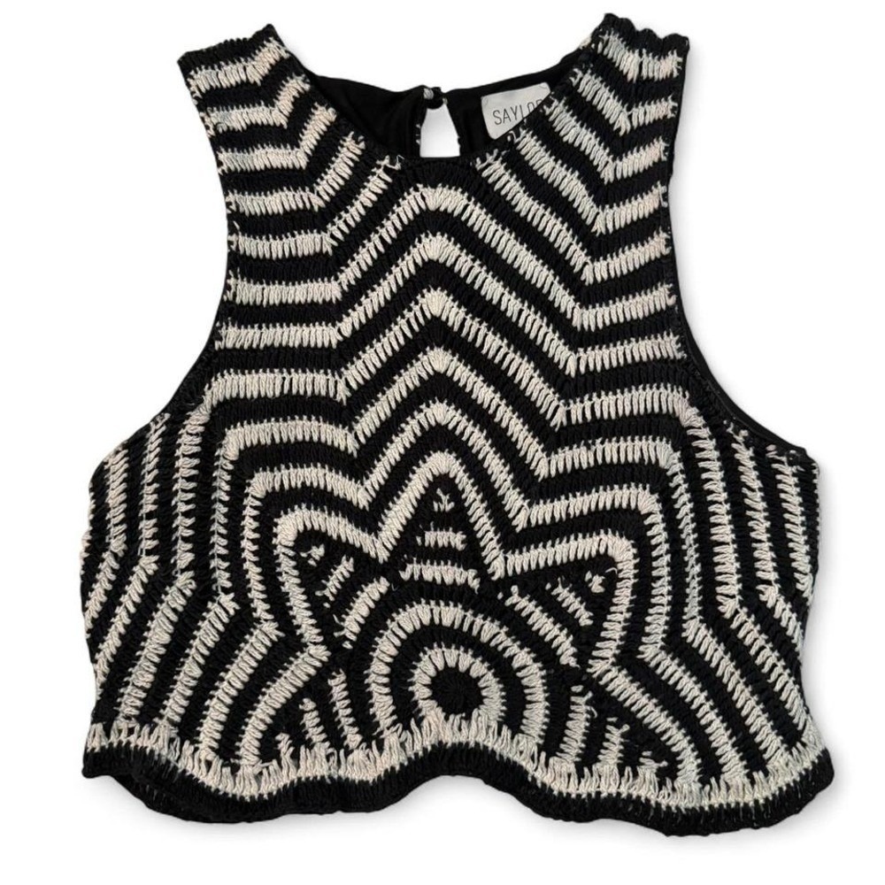 SAYLOR Crochet Lined Black & White Zig Zag Flower Fully Lined Crop Top Size S
